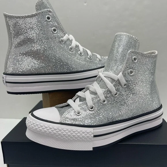 Converse CTAS EVA LIFT HI Chuck Taylor All Star High Top Sneakers Silver Glitter - Picture 9 of 16